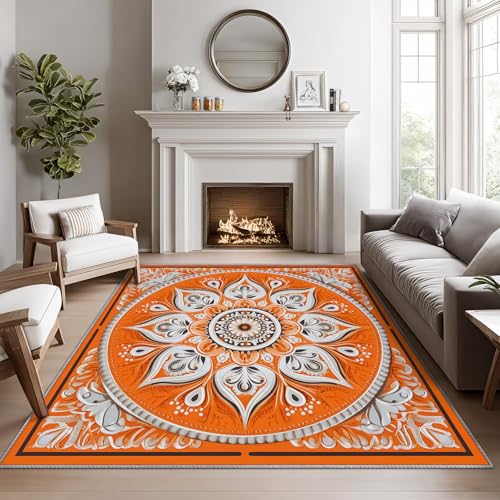 Mandala Rugs 5x7 -Orange Mandala Rug, 4x5 ft, Vintage Meditation Area Rug, Hippie Spiritual Washable Rugs for Living Room Bedroom, Boho Vintage Floral Home Decor & Gifts - color: White Orange, size: 4' x 5' (Rectangular)