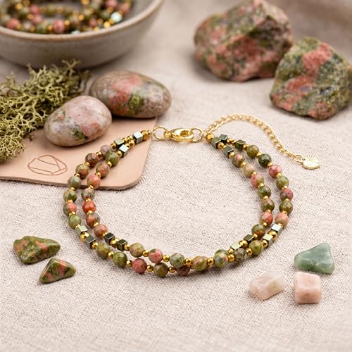 Farfume Beaded Bracelets for Women, Chakra Crystal 4mm Beads Gemstone Natural Stone Bead Spiritual Jewelry Gifts for Women - color: Mottled Green and Pink Unakite-Balance