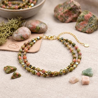 Farfume Beaded Bracelets for Women, Chakra Crystal 4mm Beads Gemstone Natural Stone Bead Spiritual Jewelry Gifts for Women - color: Mottled Green and Pink Unakite-Balance