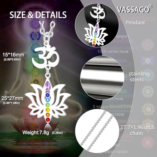 VASSAGO Lotus Flower Chakra Necklace for Women Lotus Flower Necklace 7 Chakra Pendant OM Symbol Buddha Amulet Spiritual Healing Jewelry Yoga Meditation Gift - color: Silver 2