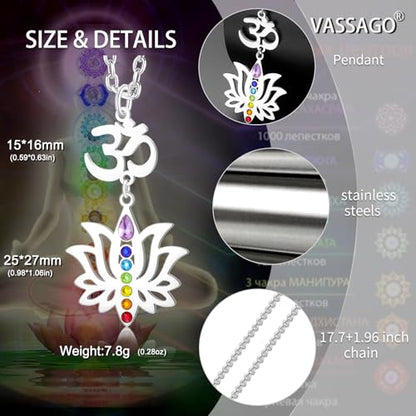 VASSAGO Lotus Flower Chakra Necklace for Women Lotus Flower Necklace 7 Chakra Pendant OM Symbol Buddha Amulet Spiritual Healing Jewelry Yoga Meditation Gift - color: Silver 2