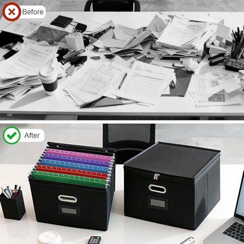 4 Pack File Organizer Boxes with Lids, Collapsible Document Storage Bin with Mesh Pockets & Zipper, Fits Letter/Legal Size Folders for Home Office Moving Classroom Organization (Black, No Folders)