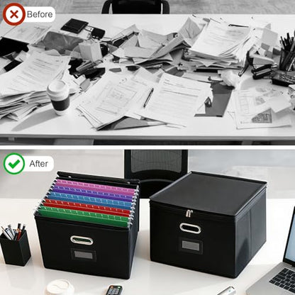 4 Pack File Organizer Boxes with Lids, Collapsible Document Storage Bin with Mesh Pockets & Zipper, Fits Letter/Legal Size Folders for Home Office Moving Classroom Organization (Black, No Folders)