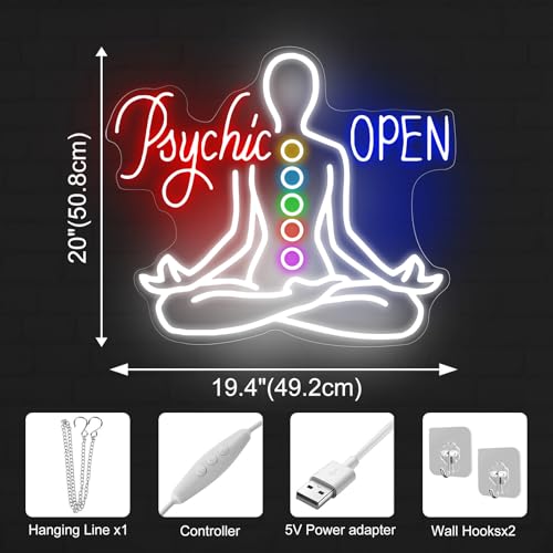 Psychic Open Neon Sign Charka Neon Light, Yoga Led Sign, Exercise Room Wall Decor, Buddha Lotus, Pilates Studio Art Meditation Room Wall Art Yoga Lover Gift, Psychic Chakras Healing Exercise, 20"*x17.3" - color: Psychic Open
