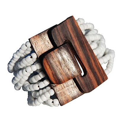 White Beaded Ethnic Bali Bracelet with Hard Wood Buckle Clasp - 14 Elastic Strands of 2mm Glass Beads – 2” Wide for 7-8 inch Wrists in Gift Box