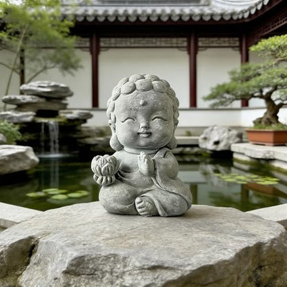 Stone Buddha Monk Statue, Mini Zen Garden Figurine for Desk Tabletop Decor, Small Meditating Sculpture for Landscape Rockery, Aquarium Ornament, Patio Yard Lawn Decorative Gift(Lotus)