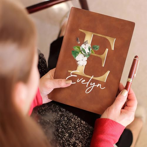CALLIE Personalized Notebook Lined Journal for Women Men, 100 Pages A5 Hardcover Leather Journal with Floral Initials Design, Customized Notebook Gift for Writing, Work, Travel