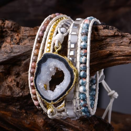 YGLINE Natural Stone Beaded Healing Wax String 5 Wraps Bracelets - color: agate 1
