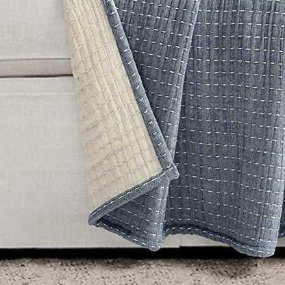 Lush Decor Solid Kantha Pick Stitch Cotton Throw Blanket 50" W x 60" L Navy & Off White - Blue Throw Blanket for Bed - Textured Soft Couch Blankets