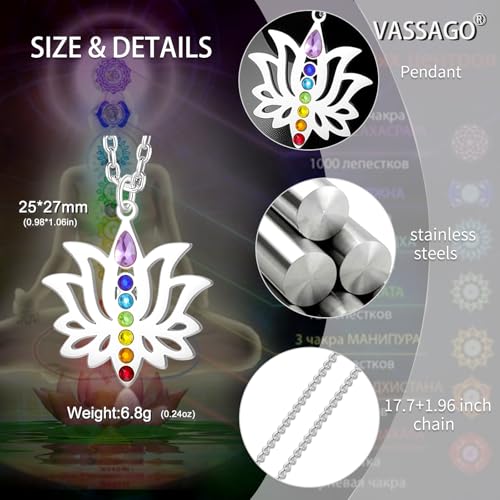 VASSAGO Lotus Flower Chakra Necklace for Women Lotus Flower Necklace 7 Chakra Pendant OM Symbol Buddha Amulet Spiritual Healing Jewelry Yoga Meditation Gift - color: Silver