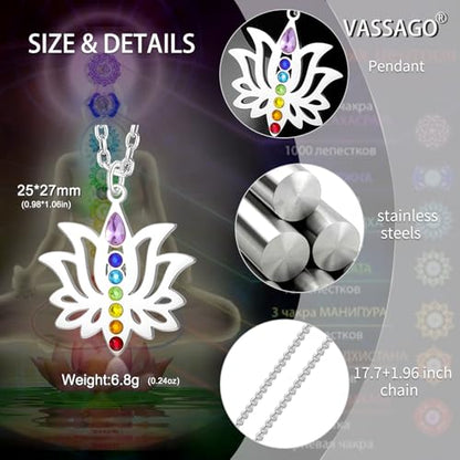 VASSAGO Lotus Flower Chakra Necklace for Women Lotus Flower Necklace 7 Chakra Pendant OM Symbol Buddha Amulet Spiritual Healing Jewelry Yoga Meditation Gift - color: Silver