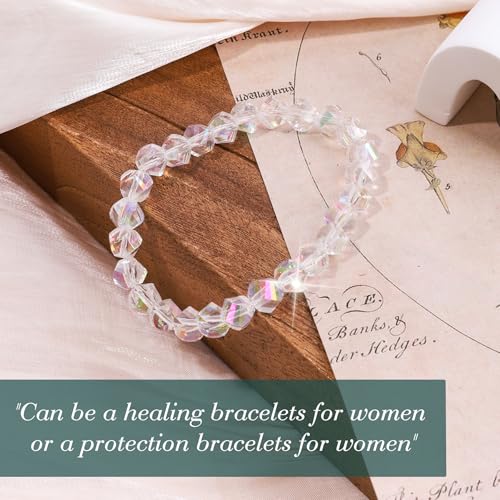 HANGINTHERE Aurora Borealis Crystal Bracelet for Women – Stretchy Iridescent Faceted Beads with AB Coating, 5000+ Pull Tested Elastic Cord, Gift Ready in Velvet Pouch/Box