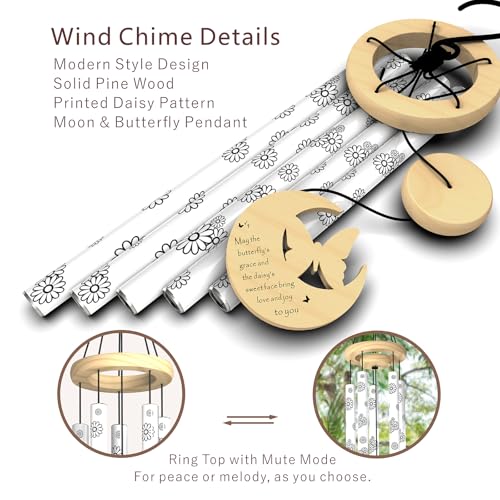 Modern Wind Chimes for Outside, 32" Daisy Print Wind Chime with Butterfly Pendant for Birthday, Mother's Day, Unique Gifts for Women, Garden Yard Patio Porch Home Hanging Decor(Whitestone)
