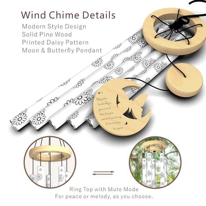 Modern Wind Chimes for Outside, 32" Daisy Print Wind Chime with Butterfly Pendant for Birthday, Mother's Day, Unique Gifts for Women, Garden Yard Patio Porch Home Hanging Decor(Whitestone)