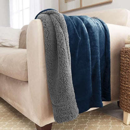 Sherpa Throw Blanket Super Soft Reversible Ultra Luxurious Plush Blanket, 50 x 60 inches, Navy/Gray - color: Navy / Gray, size: Throw (50" x 60")