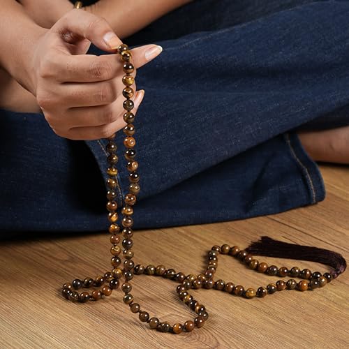 108 Mala Beads Necklace, 8mm Natural Tiger Eye Gemstone Prayer Beads for Meditation, Yoga, Japa, Mindfulness, Unisex