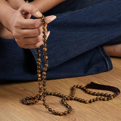 108 Mala Beads Necklace, 8mm Natural Tiger Eye Gemstone Prayer Beads for Meditation, Yoga, Japa, Mindfulness, Unisex