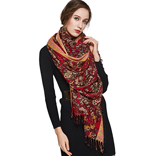 100% Merino Wool Pashmina Shawl for Women 96"x43", Oversized Cashmere Wrap with Tassels, Floral Travel Blanket Cape - color: Dark Red Paisley Bloom