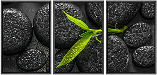 wall26 - Framed Canvas Bamboo Branch on Zen Stone - Canvas Art Wall Art - 16"x24"x3 Black - color: Artwork - D762, size: 16" x 24" x 3 Panels BLACK