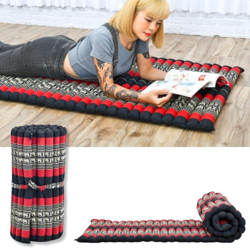 Leewadee - Foldable Floor Mattress - Japanese Roll Up Futon -Trifold Tatami Mat- Guest Floor Bed - Camping Mattress - Thai Massage Mat, Kapok Filled, 75 x 28 inches, Black Red - color: Sf13 - Red, Black, size: M: 75x28"