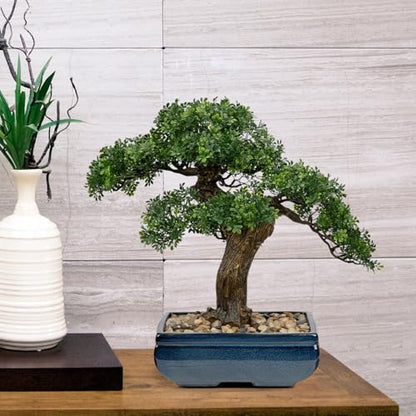 Artificial Bonsai Tree Juniper Faux Plants Indoor Fake Plants Decor with Blue Square Ceramic Pots for Home Table Office Desk Bathroom Shelf Bedroom Living Room Farmhouse Decorations - style: 16" Ficus