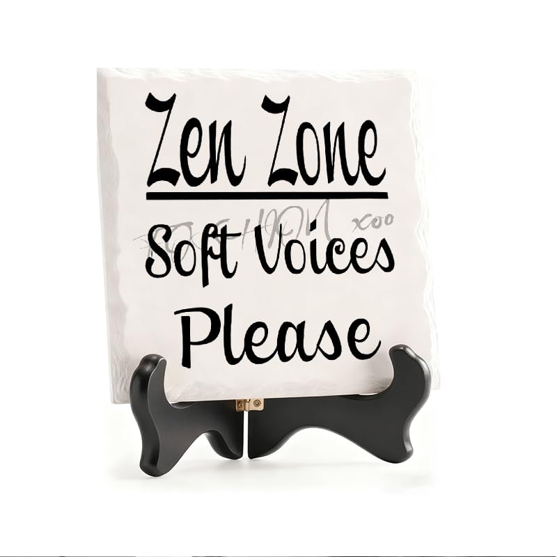 Ceramic decorative Zen Zone soft voices please ceramic desktop ornament with wooden stand. Suitable for office desks, tables, and bookshelves 5.9x5.9inch