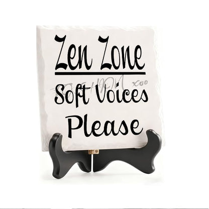 Ceramic decorative Zen Zone soft voices please ceramic desktop ornament with wooden stand. Suitable for office desks, tables, and bookshelves 5.9x5.9inch