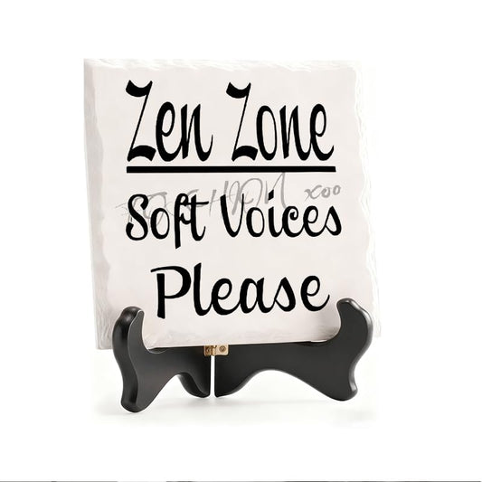 Ceramic decorative Zen Zone soft voices please ceramic desktop ornament with wooden stand. Suitable for office desks, tables, and bookshelves 5.9x5.9inch
