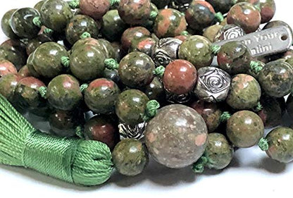 Certified Energized Mala Beads Necklace with COA - Chakra Mala - Japa Mala - 8mm 108 Buddhist Prayer Beads - Meditation Mala - Tassel Necklace – Zodiac/Sun Sign stones (Unakite)