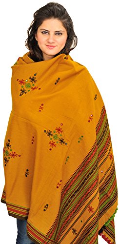 Exotic India Shawl from Kutch with Embroidered Bootis and Mirrors - Wool - color: Spruce Yellow
