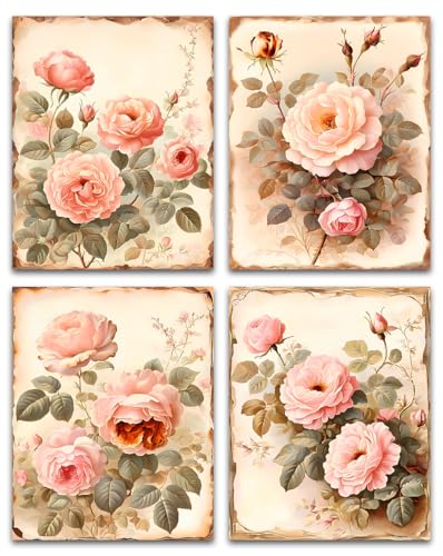 Vintage Flowers Canvas Wall Art Pink Rose Wall Decor,Dark Academia Botanical Wall Art,Retro Floral Valentine Pictures Farmhouses Decor for Home Office Flower Artwork Set of 4 (8''X10''Unframed) - color: Unframed-Vintage Flowers Canvas Wall Art