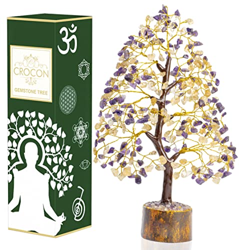 Crocon® Amethyst & Citrine Crystal Tree of Life, Gifts, Birthday Gifts for Women, House Warming Gift New Home Decor, Birthday Gift for Mom, Her Anniversary Presents, Unique Home Office Decor Idea - color: Citrine & Amethyst (Golden Wire)