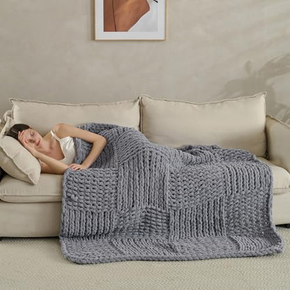 Chunky Knit Blanket Throw 50x60 Inches,Handmade Cable Knit Crochet Blanket,Cozy Lightweight All Season,Wrinkle-Resistant Polyester for Couch Bed Sofa Reading Nook,Grey - color: Grey