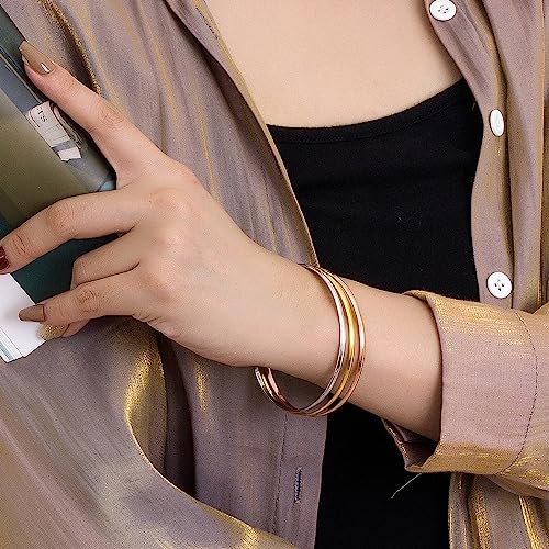 Minimalist Original 925 Sterling Silver Banglest Women Stackable Bracelet 2MM 65mm Jewelry Gift (Gold Color 1 Piece C Style, Diameter 65MM)