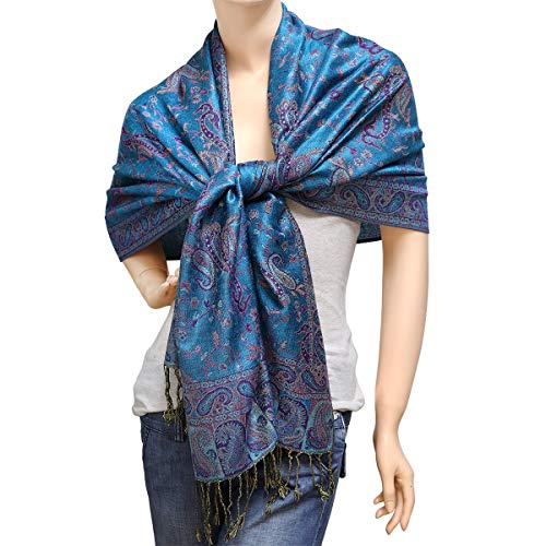 Falari Women's Reversible Paisley Pashmina Shawl Wrap Scarf For Evening Dresses Festivals Any Occasions All Seasons 80"x27" - color: Style 1 - Teal & Purple