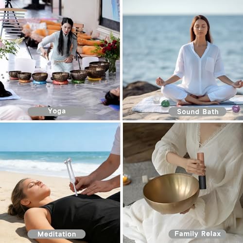 18 Pcs Singing Bowl Cushion Set for 6-12" Tibetan Singing Bowls, 7 Rainbow Silk Round Cushion, WoodMallet,128Hz Tuning Fork Kit, 7 Chakra Stones - for Meditation Sound Healing and Crystal Sound Bowls