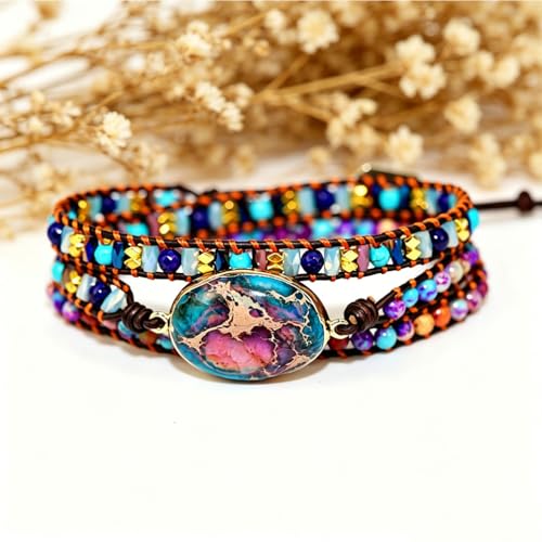Handmade Boho Wrap Bracelets Natural Turquoise Crystal Stone Variety Beaded Strand Bracelet - color: Purple