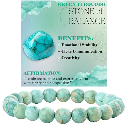 Bivei 8mm Beaded Bracelets for Women Handmade Semi Precious Natural Stone Stretch Elastic Jewelry Yoga Protection Gifts - color: Green Turquoise - Balance, size: Medium 6.8-7.3 inch