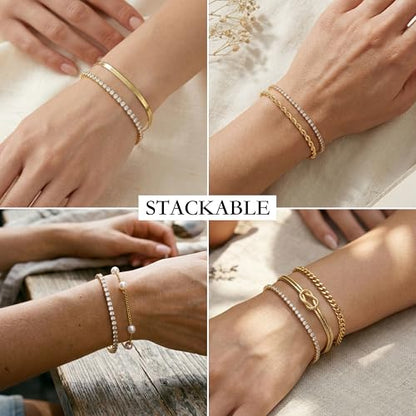 3mm Diamond Classic Tennis Bracelet for Women Dainty, Gold Jesus Cross Bracelets Trendy, 14K Gold Plated Heart/Evil Eye/Pearl/Starfish & Seashell Charm Bracelets for Women Bulk - style: Gold Tennis