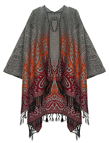 Urban CoCo Women's Retro Style Vintage Pattern Tassel Poncho Shawl Cape Wraps For Women - color: Series 4-grey