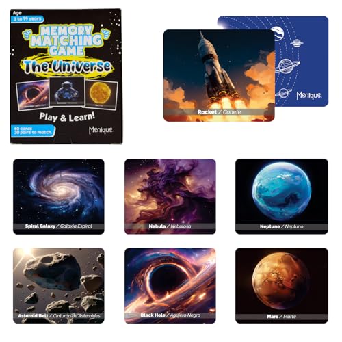 Menique Universe Memory Matching Game – 60 Cards (30 Pairs) – Bilingual Space Game with Planets, Stars & More – Educational for Kids and Adults - style: Universe