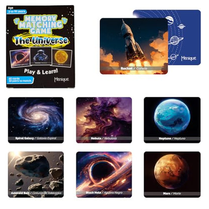 Menique Universe Memory Matching Game – 60 Cards (30 Pairs) – Bilingual Space Game with Planets, Stars & More – Educational for Kids and Adults - style: Universe