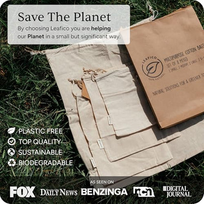 LEAFICO Organic Cotton Produce Bags - Medium 8x10 Inch (12 Bags) - Reusable Muslin Storage Bags with Drawstrings - Biodegradable Canvas Fabric - Perfect for Snacks, Clothes - size: Medium 8x10"