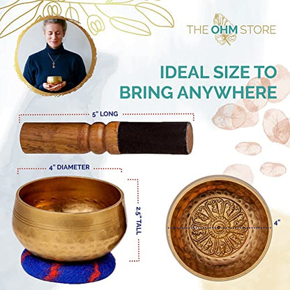 Ohm Store Tibetan Singing Bowl Set - Authentic Handcrafted Meditation Bowl for Mindfulness, Relaxation and Stress Relief - Mantra Sound Bowl for Yoga, Reiki, ASMR, Mindfulness, and Daily Self-Care - size: 4 Inch Singing Bowl