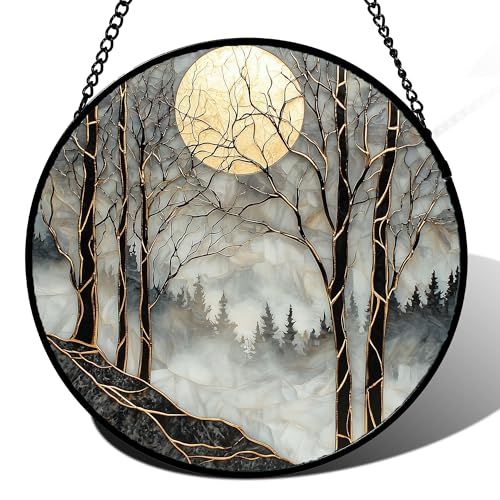 Stained Glass Window Hanging - Black and White Gold Moon Forest Sun Catcher for Door Home Decor Suncatcher Christmas Mother's Day Birthday Gifts for Women Men Lovers Mom Nana 11.8 in - color: Black Gold, size: 11.8x11.8 IN