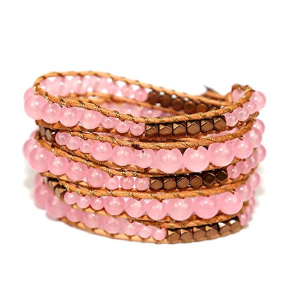 Boho Wrap Bead Bracelet for Women - Handmade Adjustable Natural Stone Beaded Bracelets Yoga Healing Bracelet Bangle Hippie Jewelry - color: Rose Quartz