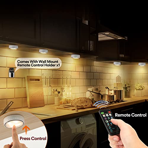 Puck Lights with Remote Control, Battery Operated Wireless Under Cabinet Lighting, Stick on Tap Push Lights for Kitchen, Shelf, 6 Pack - White - color: White, size: 6 Pack
