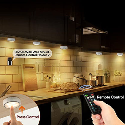 Puck Lights with Remote Control, Battery Operated Wireless Under Cabinet Lighting, Stick on Tap Push Lights for Kitchen, Shelf, 6 Pack - White - color: White, size: 6 Pack