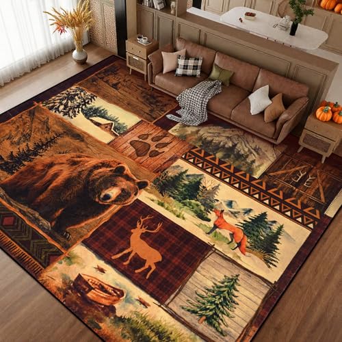 ASPMIZ Rustic Area Rug 9x12, Lodge Bear Moose Deer Cabin Rugs for Living Room, Low Pile Southwestern Washable Rug Non Slip, Soft Faux Wool Carpet for Bedroom, Vintage Country Wildlife Home Decor - color: Brown, size: 9' X 12' (Rectangular)
