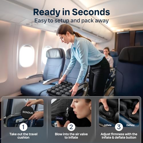 Sondur™ Travel Cushion – CloudAir Technology Airplane Seat Cushion – Inflatable Travel Cushion for Long Flights – Portable Air Cell Design, Puncture-Resistant Waterproof Pad – Black